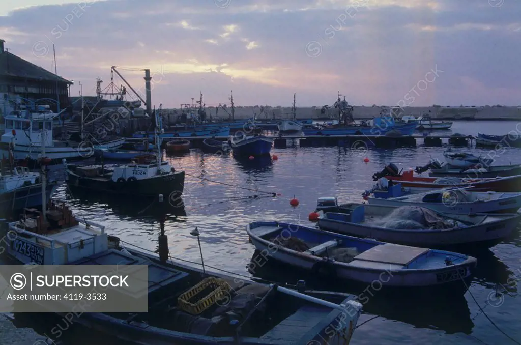 Photograph of fishing boats in the port of Jaffa at sunset