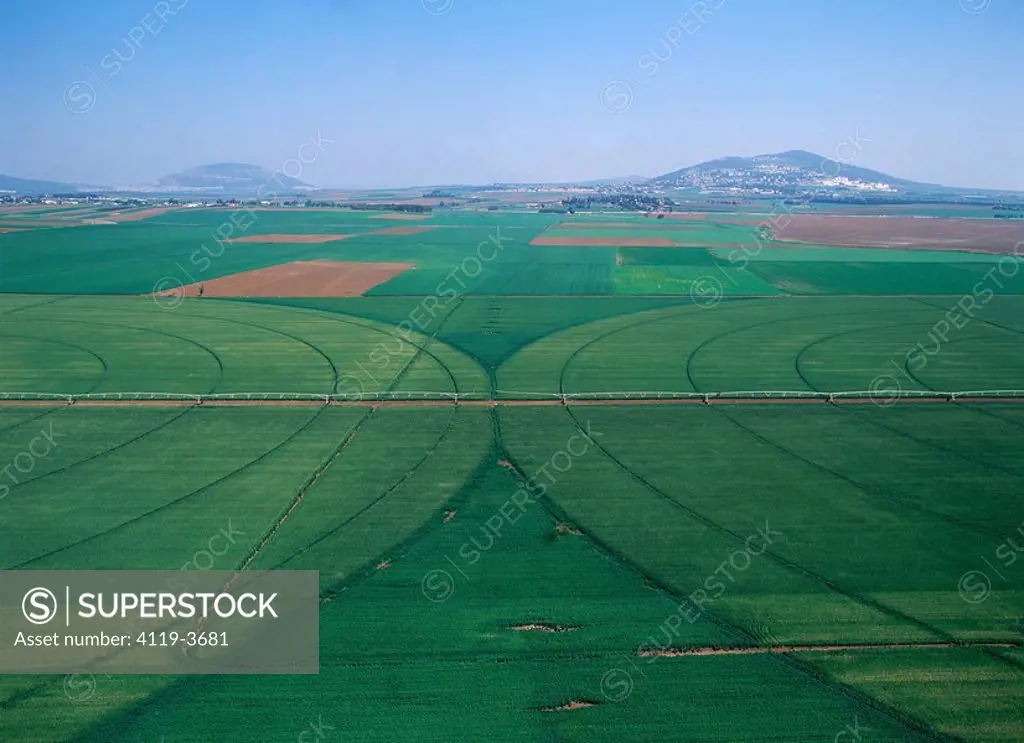 Aerial photograph of green fields in the Jezreel valley