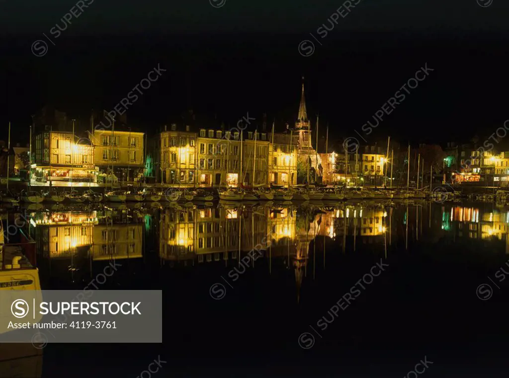 Night photograph of a boat marina in Normandy France