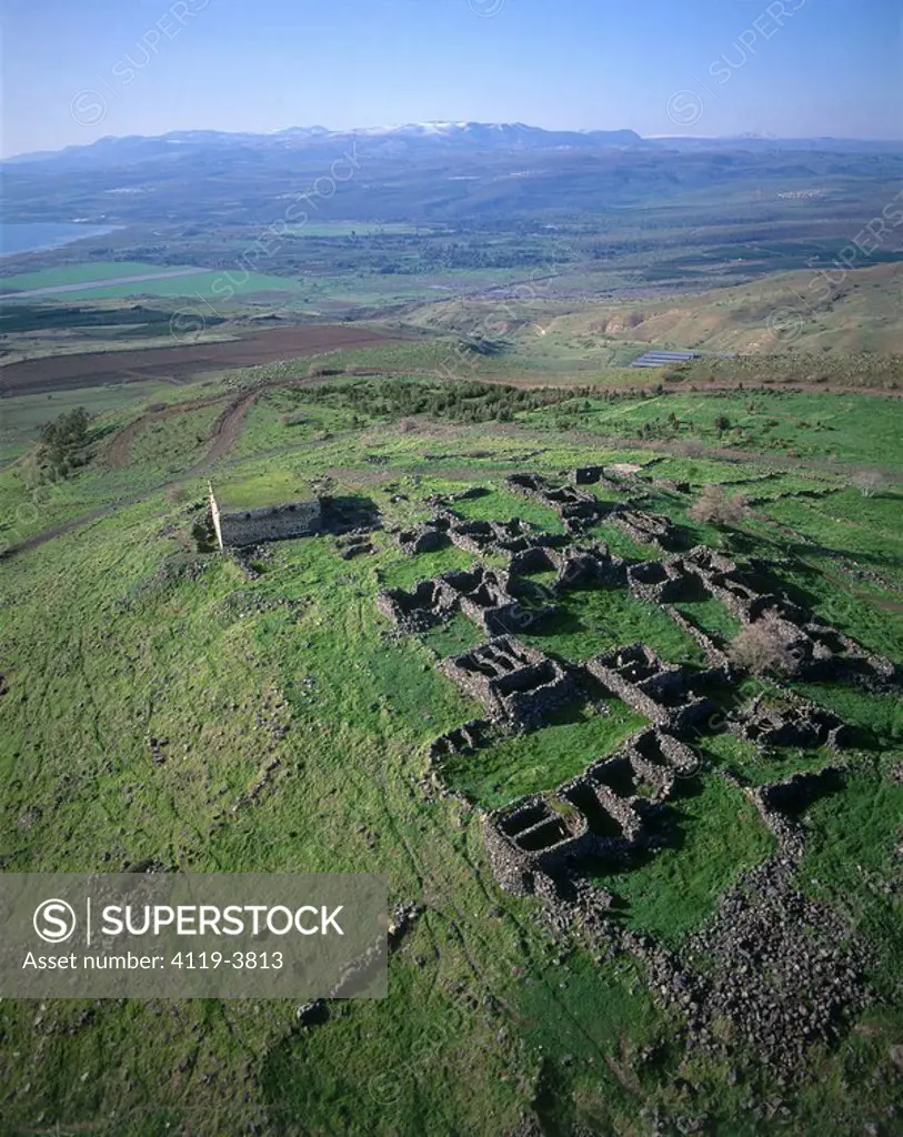 Aerial photograph of the ruins of the ancient synagogue of Kazrin in the central Golan Heights