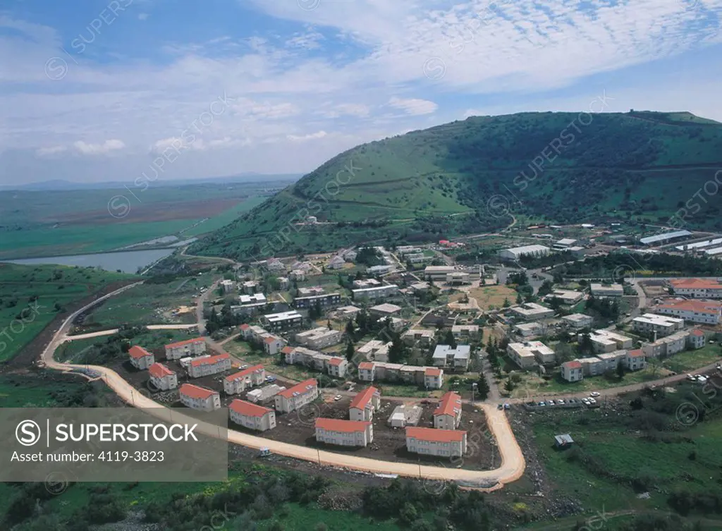 Aerial photograph of the village of Merom Golan in the Northern Golan Heights