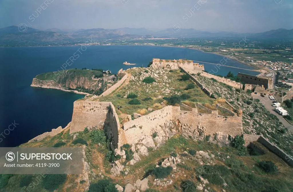 Aerial photograph of the ruins of a fortress in the Greek city of Nafplio