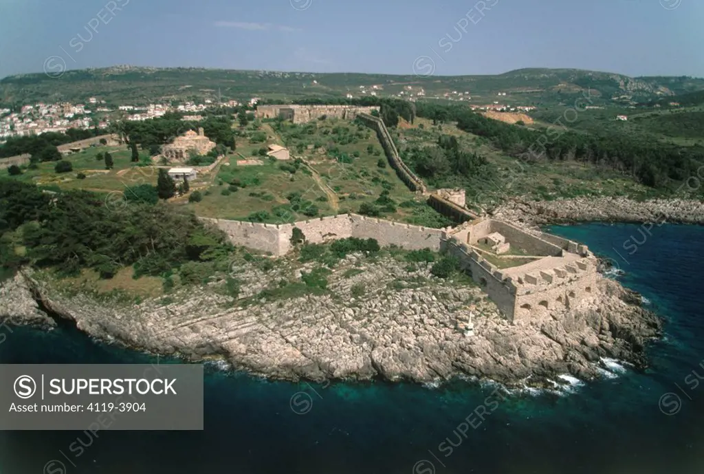 Aerial photograph of a fortress on the Greek island of Pilos
