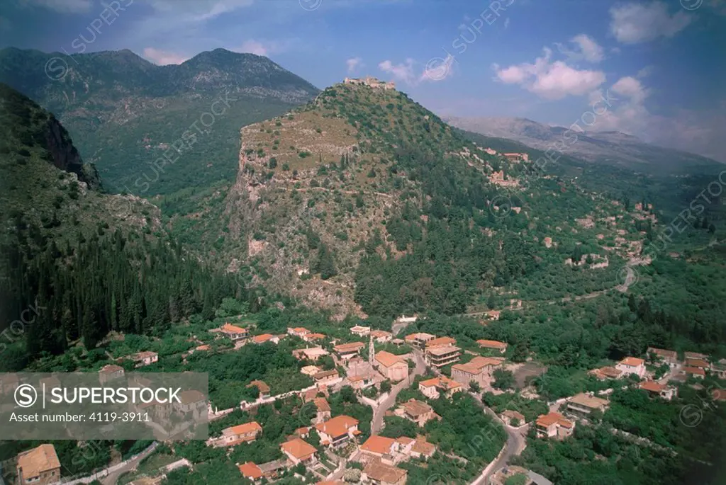 Aerial photograph of the Greek village of Mystras on the slopes of mount Taygetus