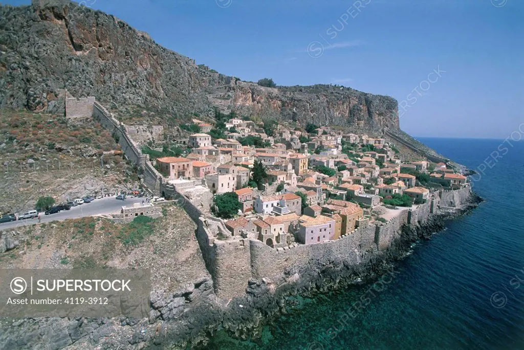 Aerial photograph of the Greek city of Monemvasia on the island of Peloponnesus