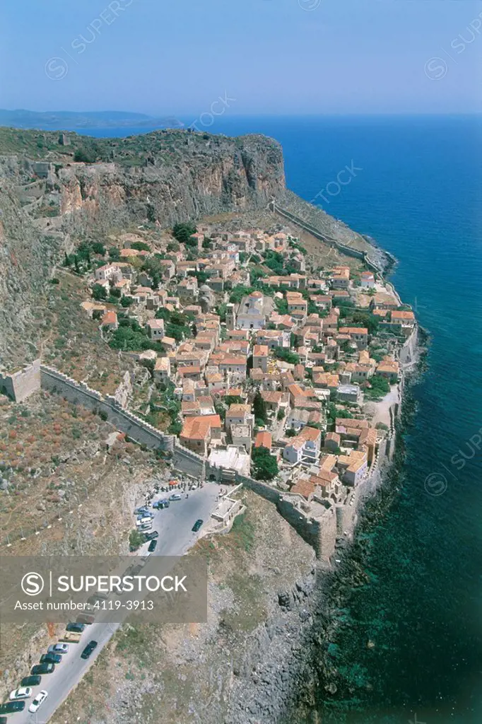 Aerial photograph of the Greek city of Monemvasia on the island of Peloponnesus