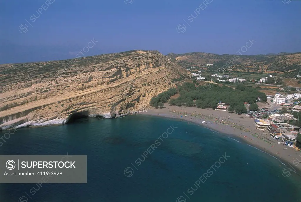 Aerial view of the Matala bay on the Greek island of Crete