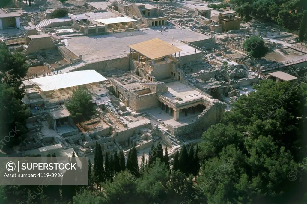 Aerial photograph of the of the ruins of Greek city of Knossos on the island of Crete