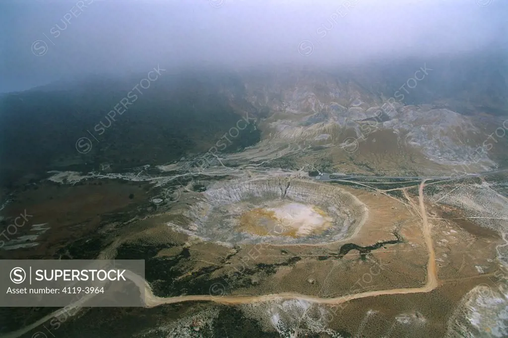 Aerial photograph of volcanic crater on the Greek island of Nissiros