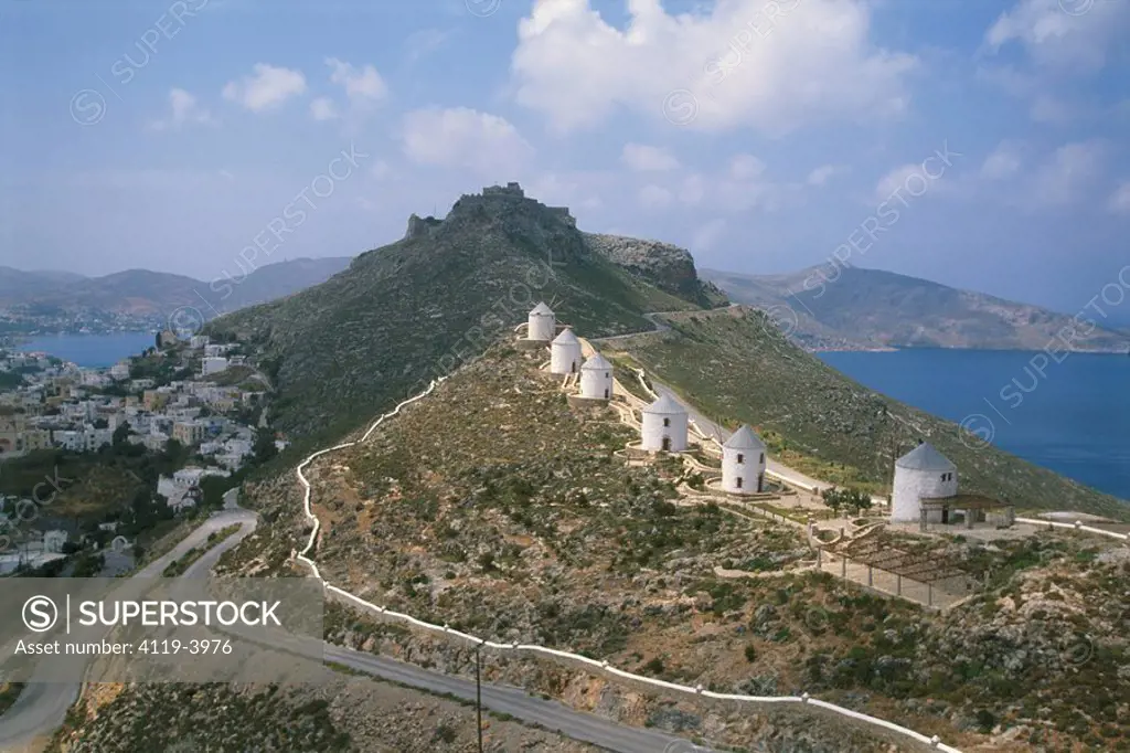 Aerial photograph of a Greek windmill on the island of Leros in the Aegean sea