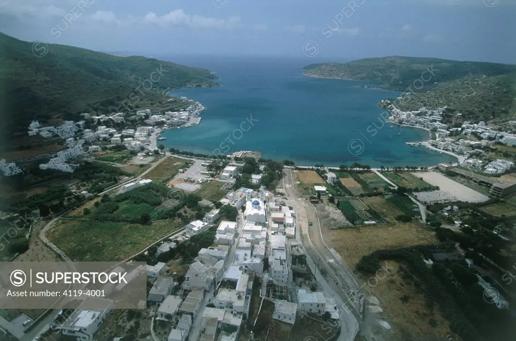 Aerial photograph of the Greek vilage of Katapola on the island of Amorgos