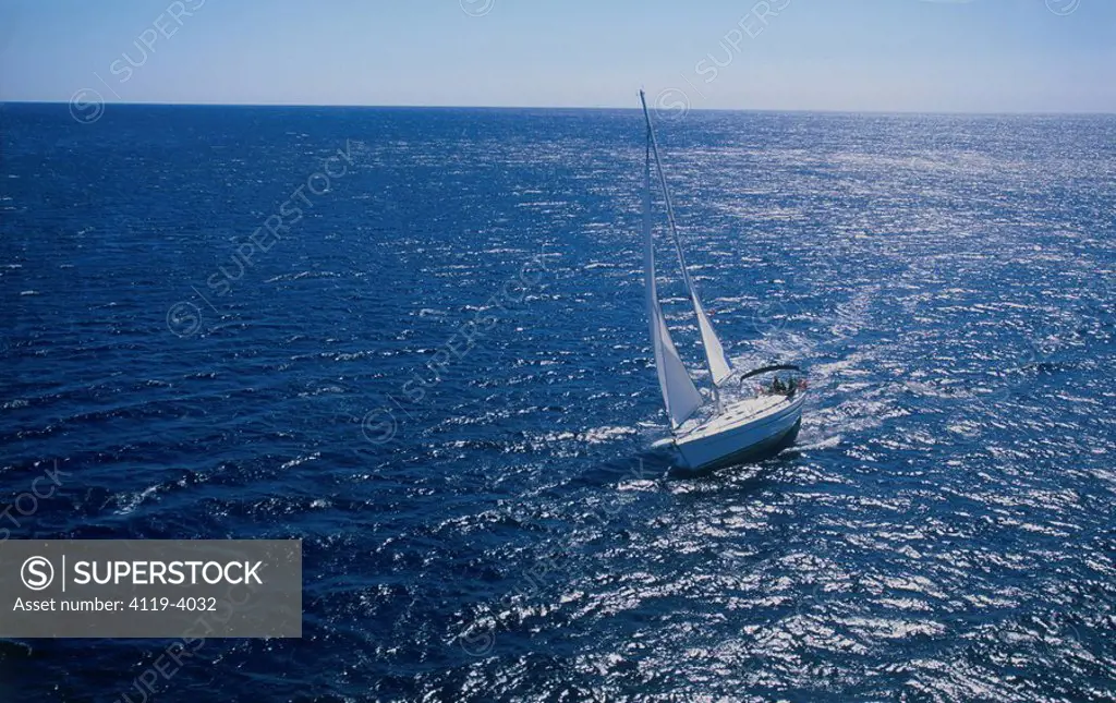 Aerial photograph of a sail boat on the Mediterranean Sea