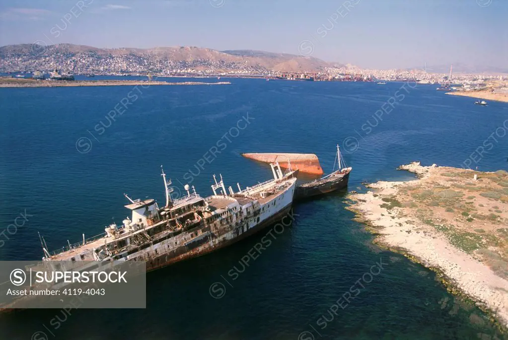 Aerial photograph of sunk ships in the Salamina bay in Greece
