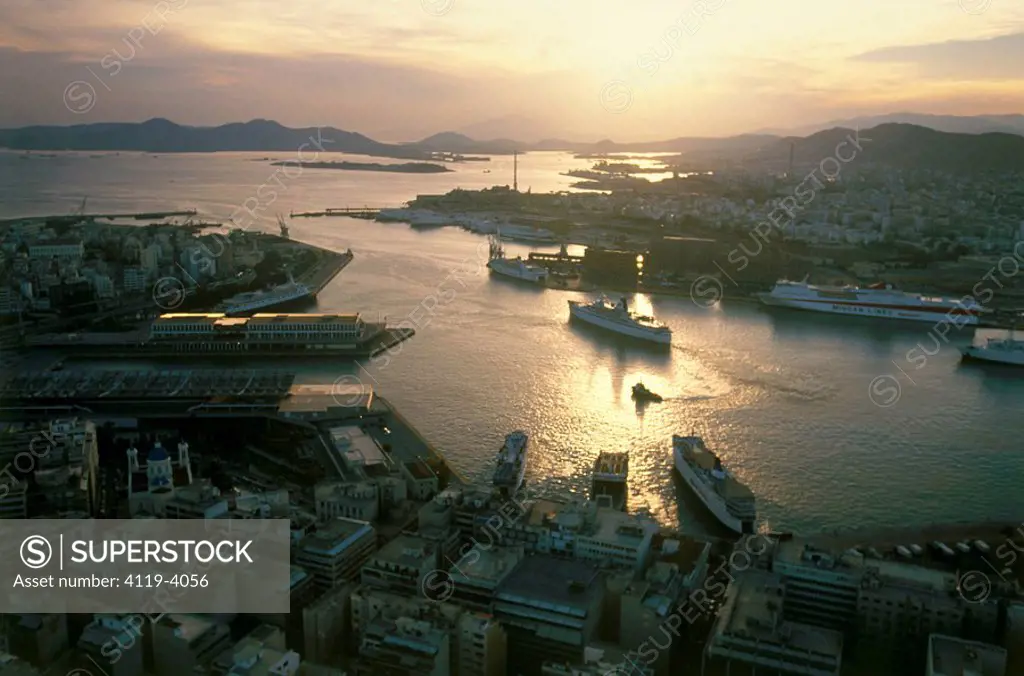 Aerial photograph of the sea port of Athens at sunset