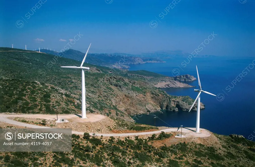 Aerial photograph of the wind turbines of the Greek island of Evia