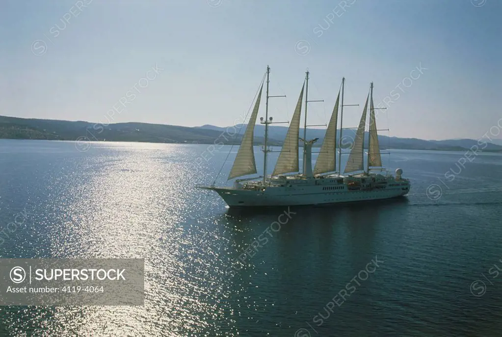 Aerial photograph of a sailing ship in the Mediterranean sea near the Greek Island of Lesvos