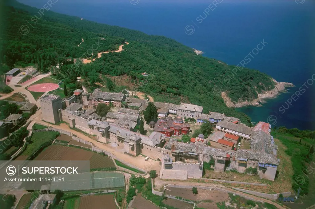 Aerial photograph of a Greek monastery on mount Athos