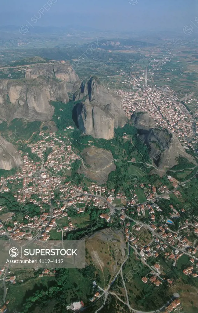 Aerial photograph of the unique monastery of Meteora Greece
