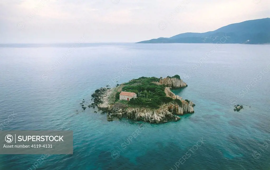 Aerial photograph of a small island north to the Greek Island of Ithaca