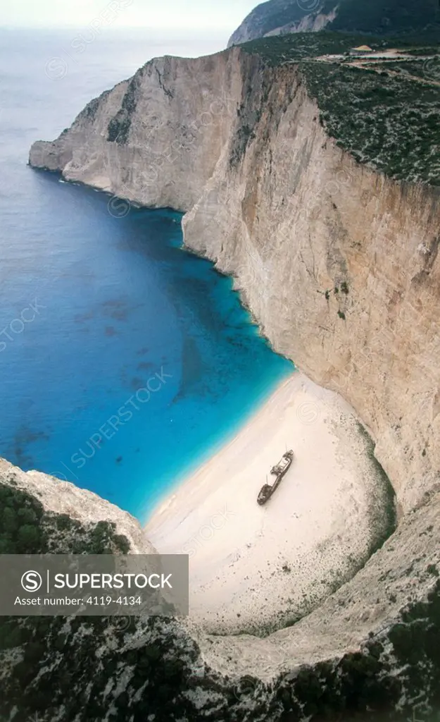 Aerial photograph of a shipwreck on the beach of the Greek island of Zakinthos