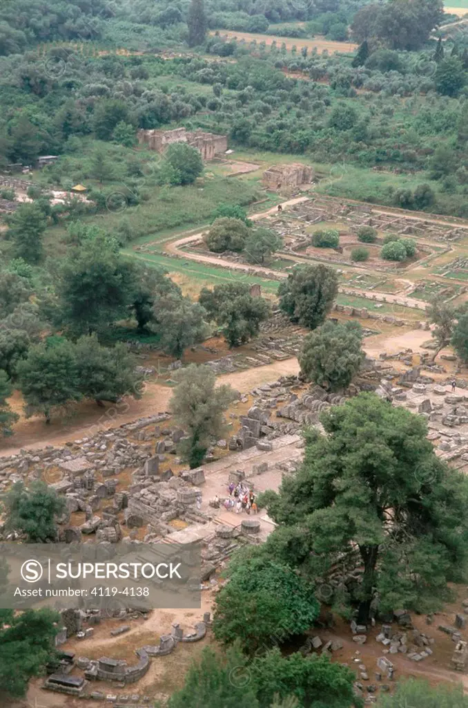 Aerial photograph of the ruins of the ancient village of Olimpia in Greece