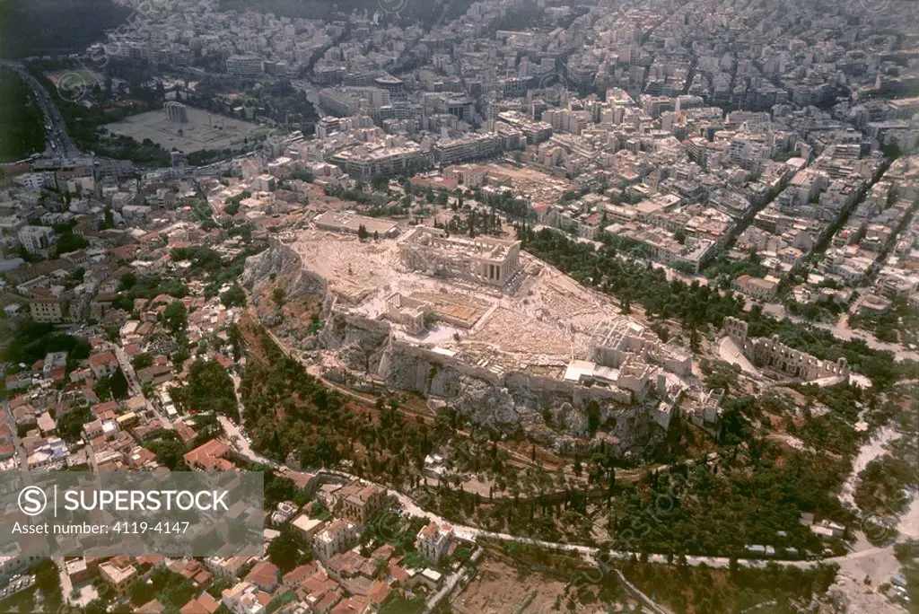Aerial photograph of the ruins of the Acropolis in the modern city of Athens Greece