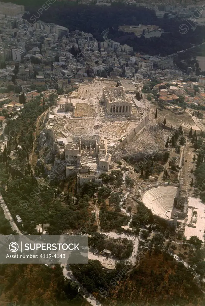 Aerial photograph of the ruins of the Acropolis in the modern city of Athens Greece