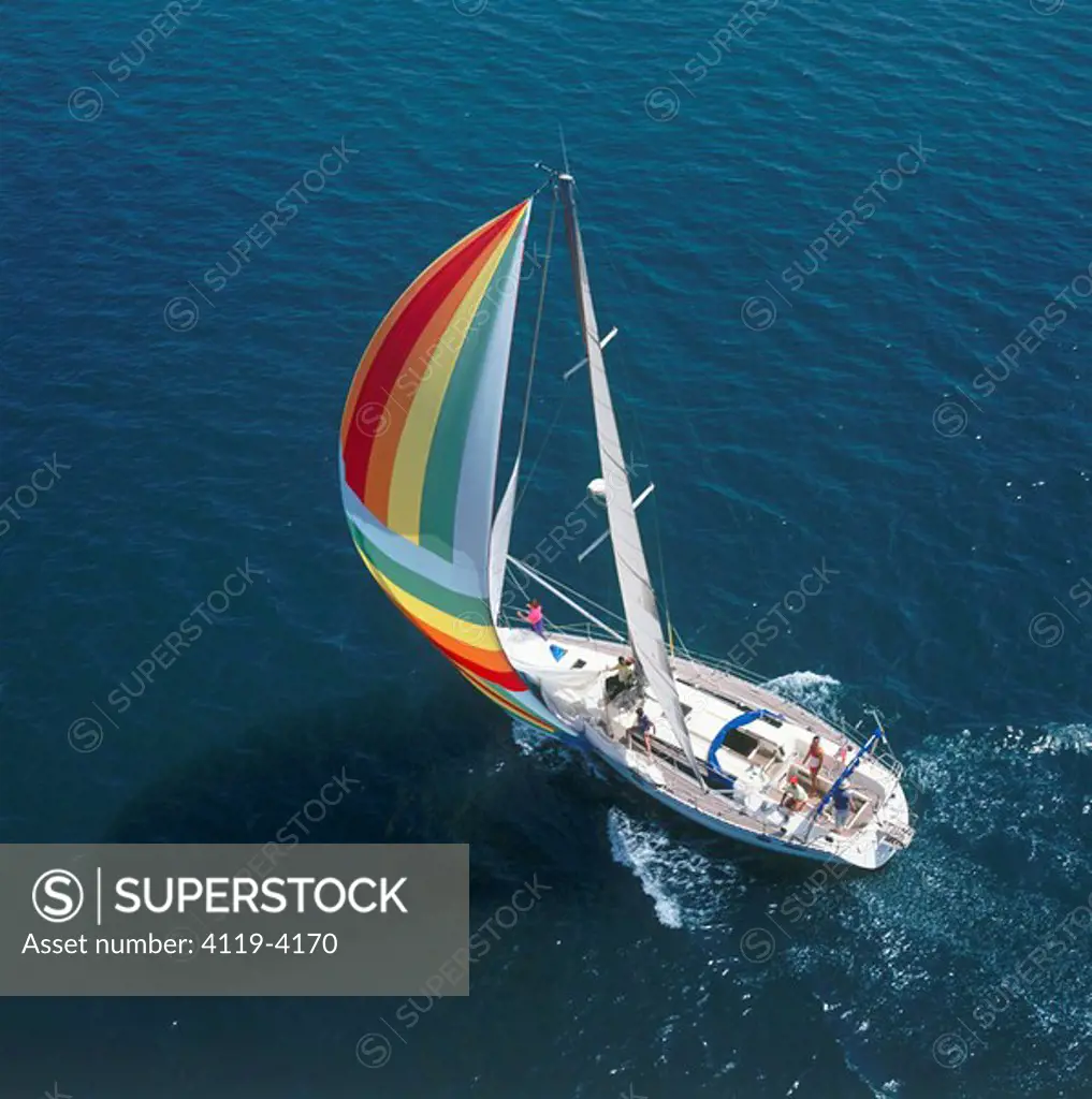 Aerial photograph of a sail boat in the Mediterranean sea