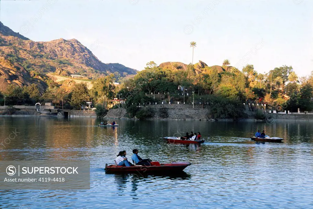 Photograph of pedal boats on an artificial lake in India