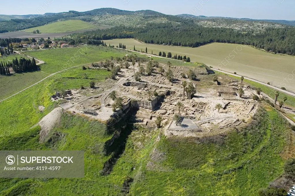 Aerial photograph of the ruins of Tel Megido in the Jezreel valley