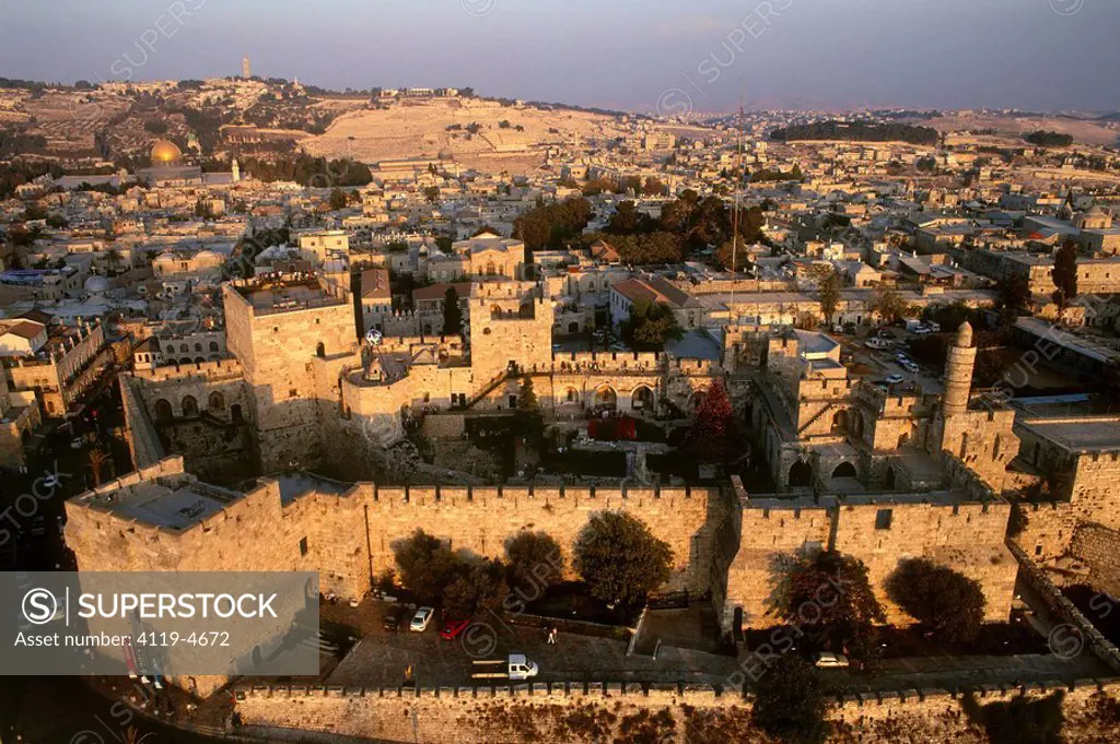Aerial photograph of the Tower of David in the old city of Jerusalem