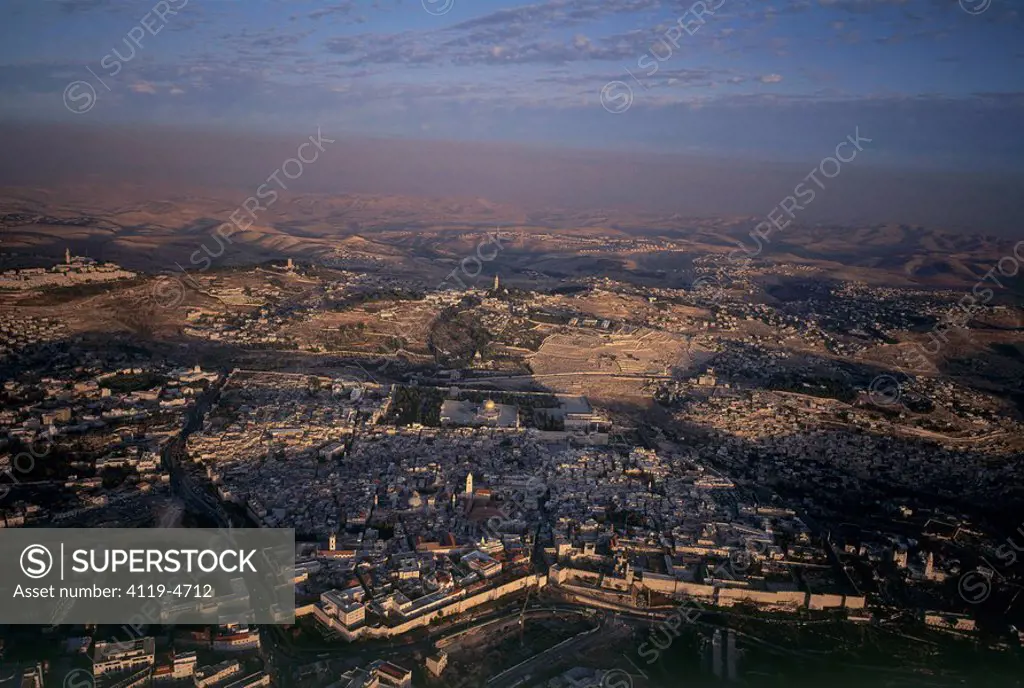 Aerial photograph of the old city of Jerusalem at sunset