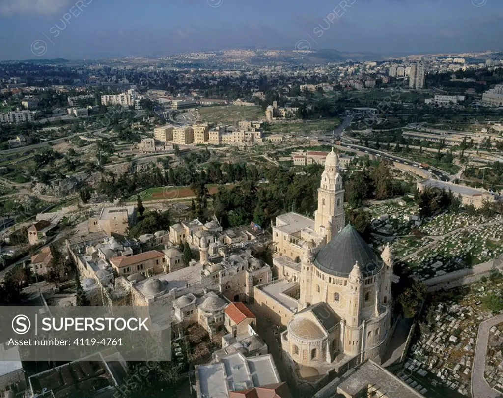 Aerial photograph of the Dormition Abbey on mount Zion in the old city of Jerusalem