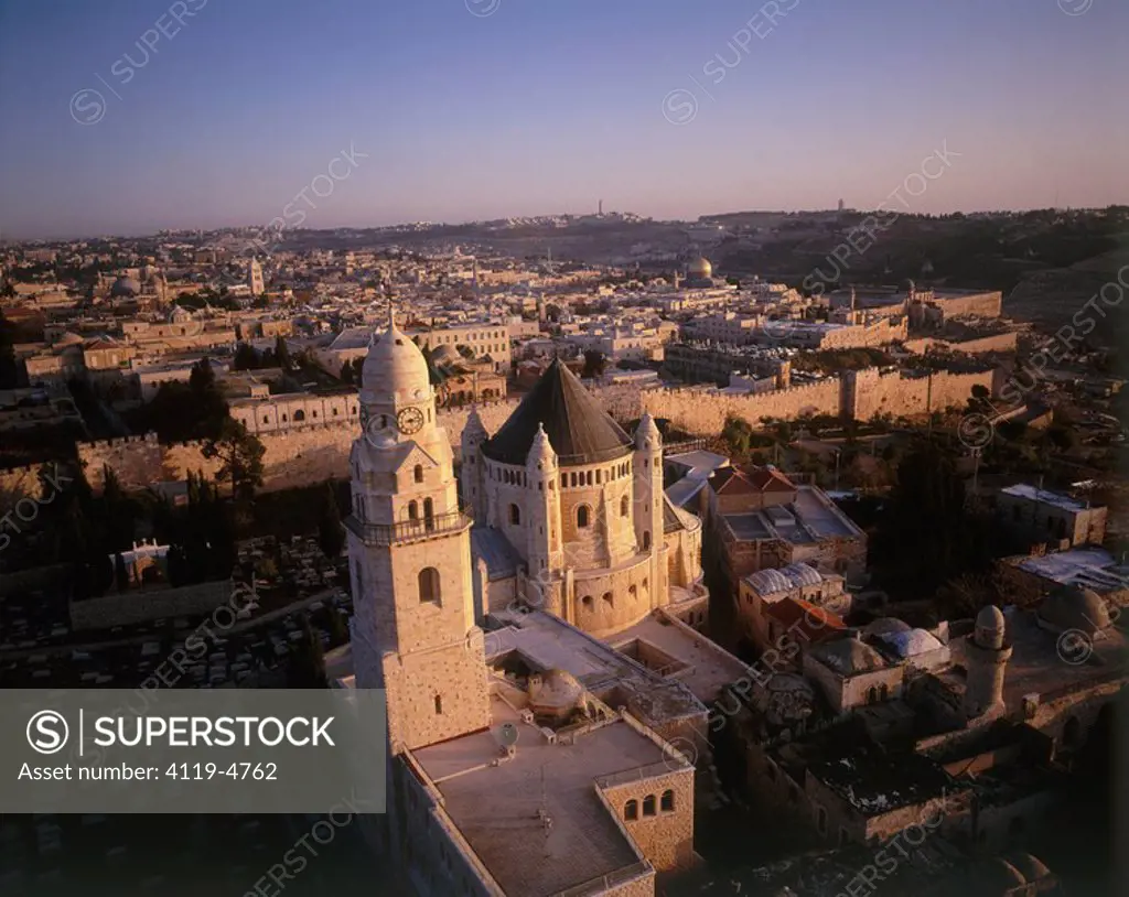 Aerial photograph of the Dormition Abbey on mount Zion in the old city of Jerusalem