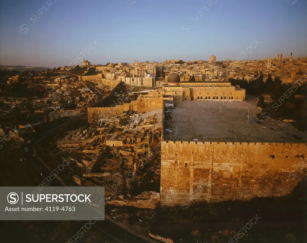 Aerial photograph of the Ophel and the southern Wall of the Temple mount in the old city of Jerusalem