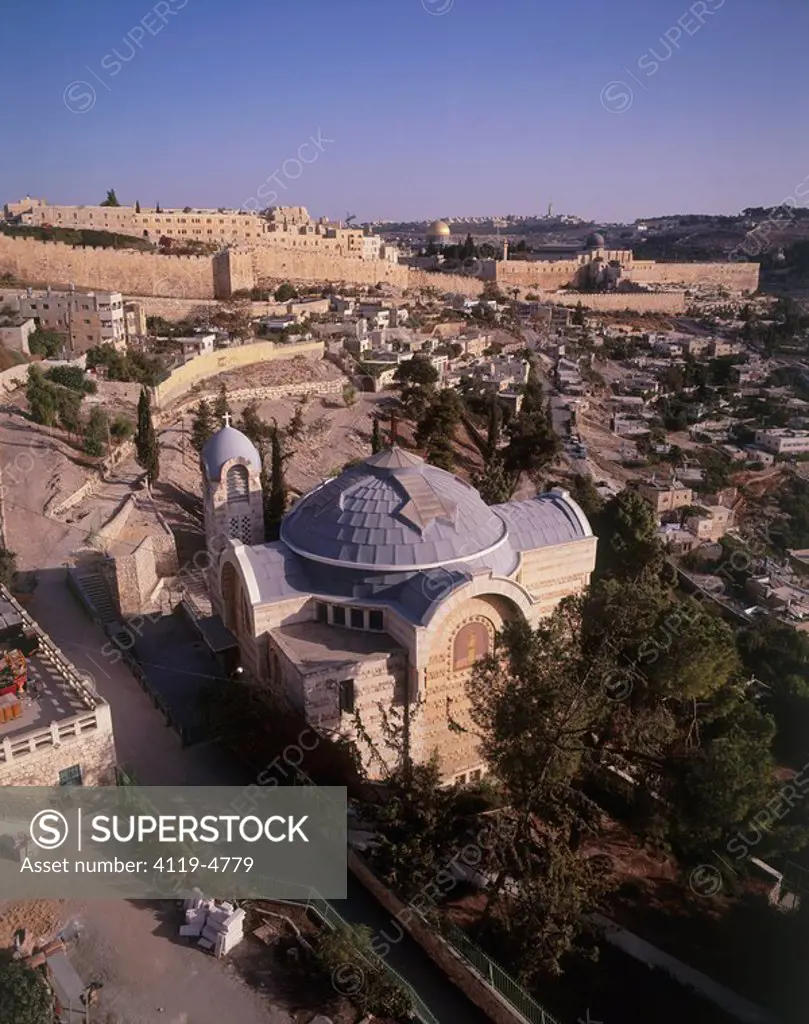 Aerial photograph of Saint Peter church on the eastern slopes of mount Zion