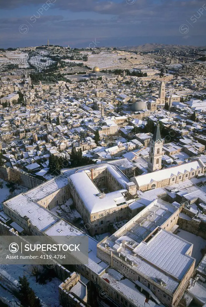 Aerial photograph of Saint Salvatore monastery in the old city of Jerusalem at winter