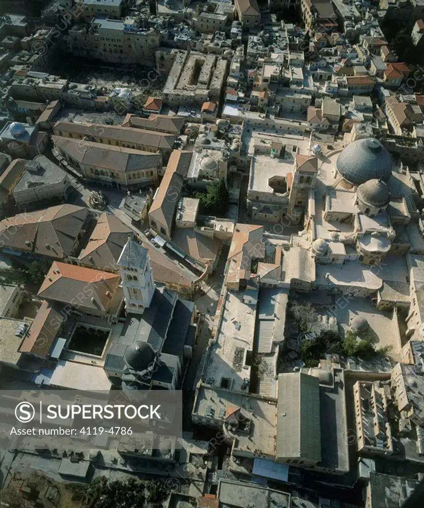 Aerial photograph of the Muristan and the church of the Holy Sepuulcher in the old city of Jerusalem