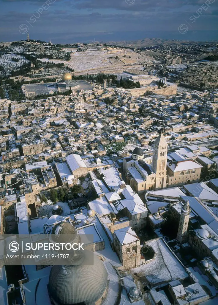 Aerial photograph of the church of the Holy Sepulcher in the old city of Jerusalem at winter