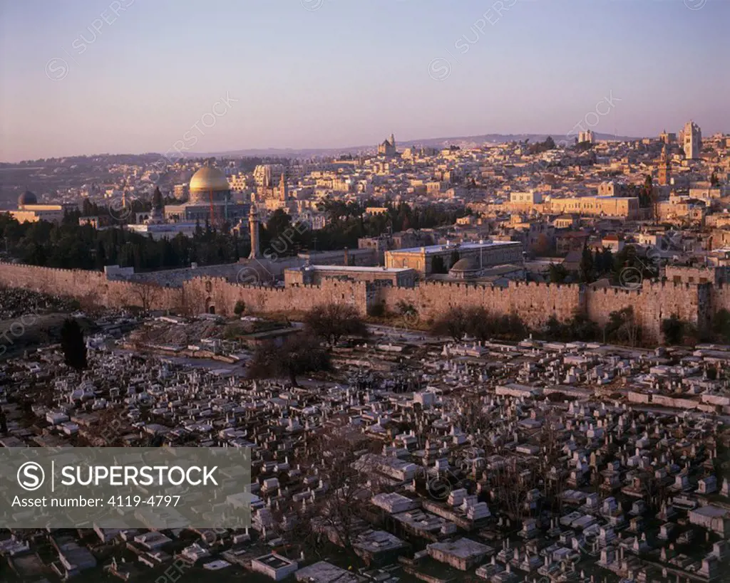 Aerial photograph of a Moslim cemetery near the Lion´s gate in the old city of Jerusalem at sunset