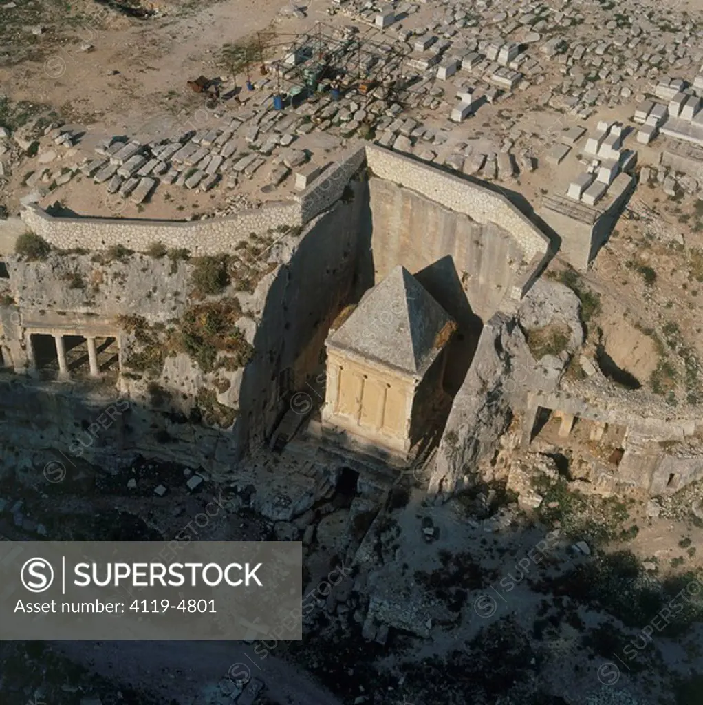 Aerial photograph of the tomb of Zechariah in the valley of Kidron