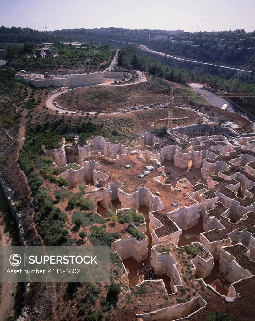 Aerial photograph of the valley of the Communities in the Yad Vashem Holocaust museum and memorial complex