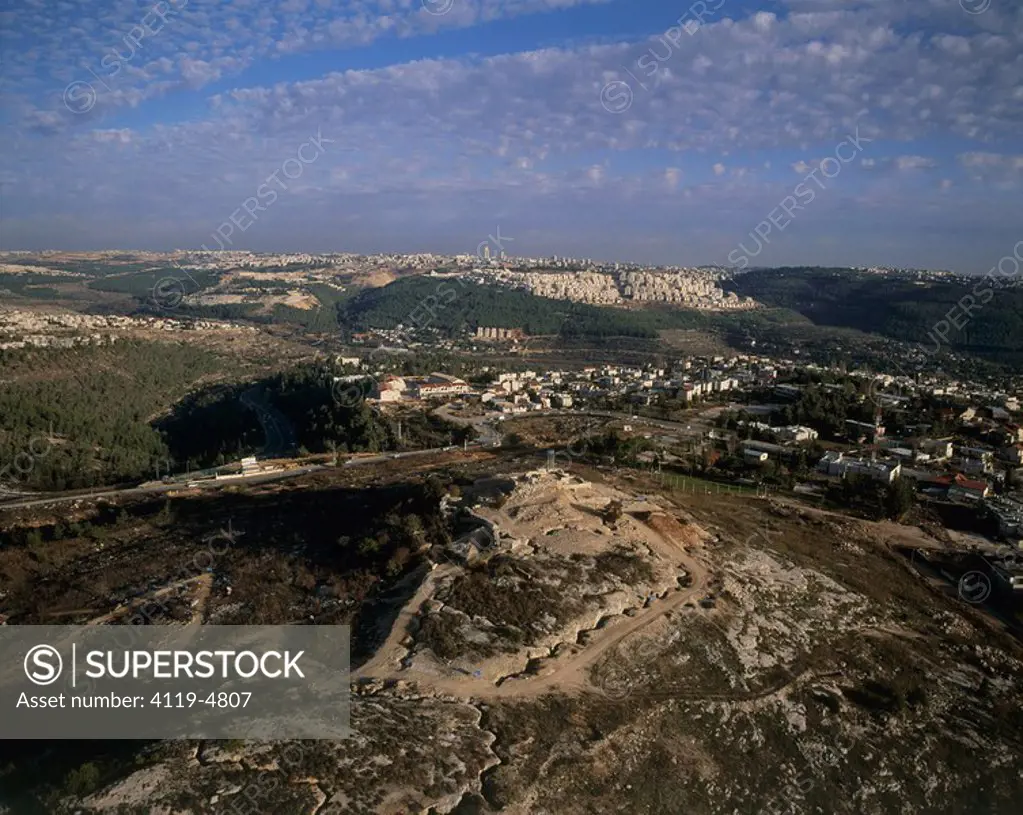 Aerial photograph of the ruins of the Kastel in the mountains of Jerusalem