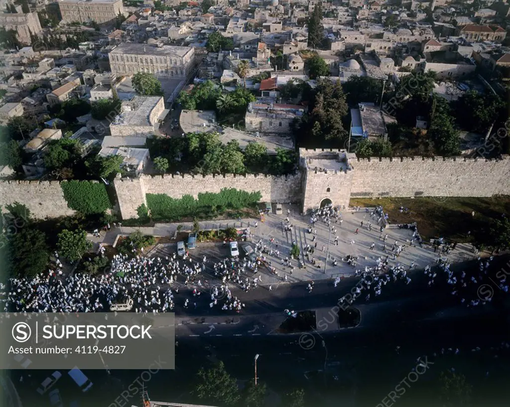 Aerial photograph of Jerusalem Day parade near Herod´s gate in the old city of Jerusalem