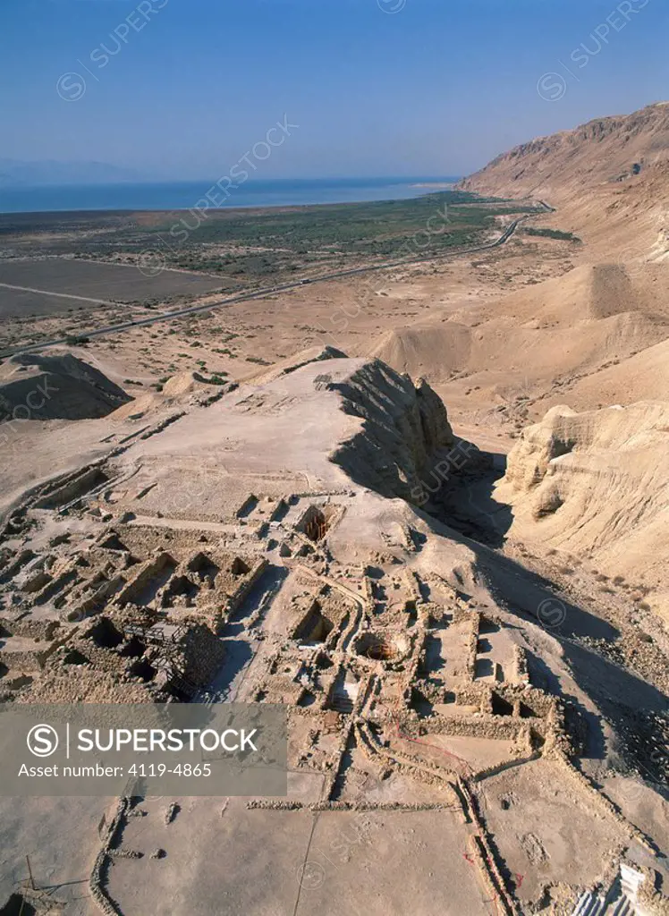 Aerial view of the ruins of Qumran in the Judea Desert