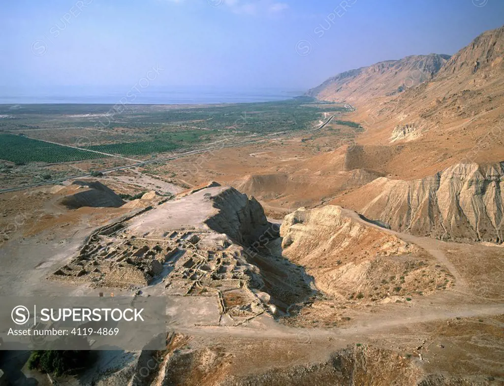 Aerial view of the ruins of Qumran in the Judea Desert