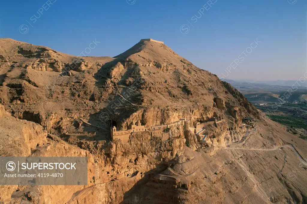 Aerial photograph of the Karantel monastery near the modern city of Jericho in the Judea desert