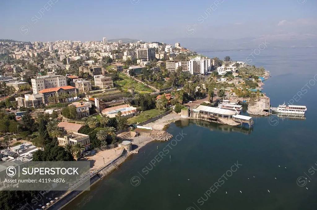Aerial photograph of the city of Tiberias in the Sea of Galilee