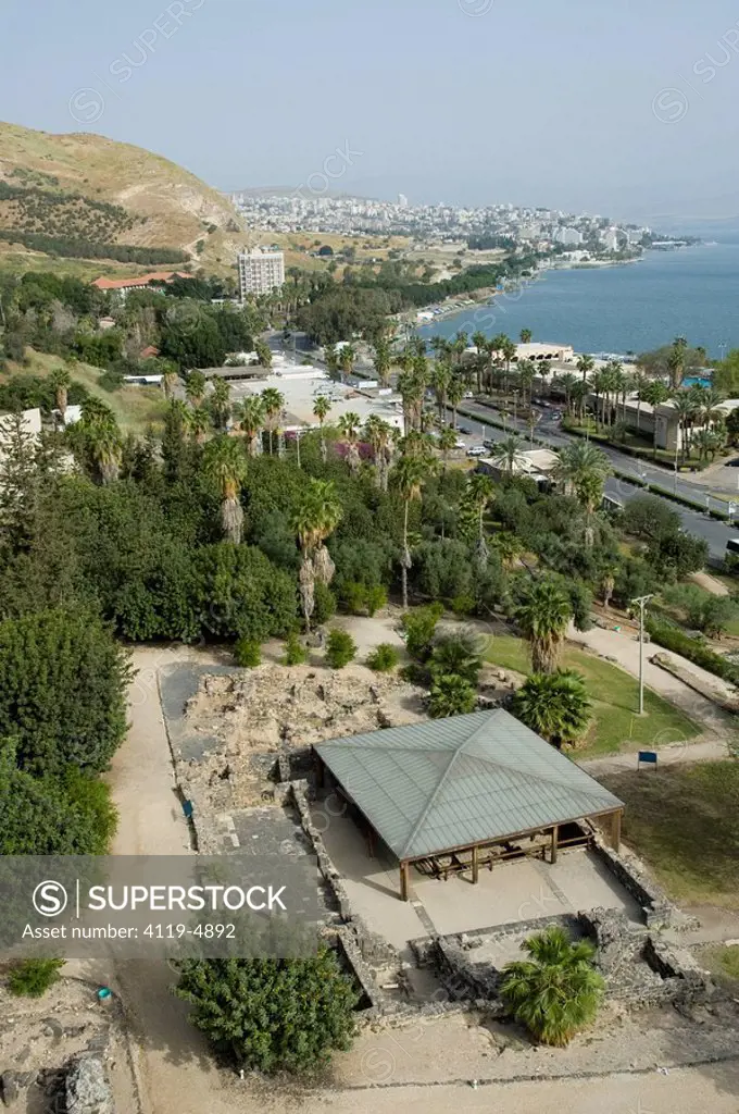 Aerial photograph of the ruins of Hamat Tiberias in the sea of Galilee
