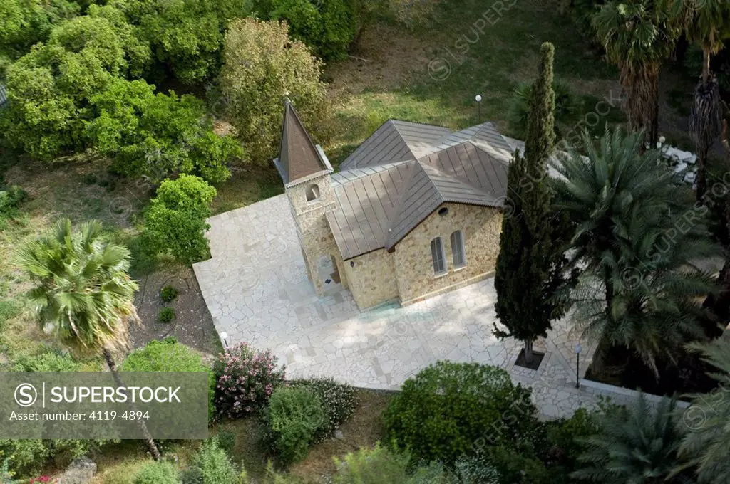 Aerial photograph of a church in the sea of Galilee